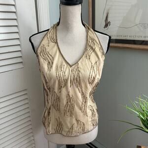 CARABELLA Top Womens Medium Champagne Beaded Halter Retro Glam Holiday Party